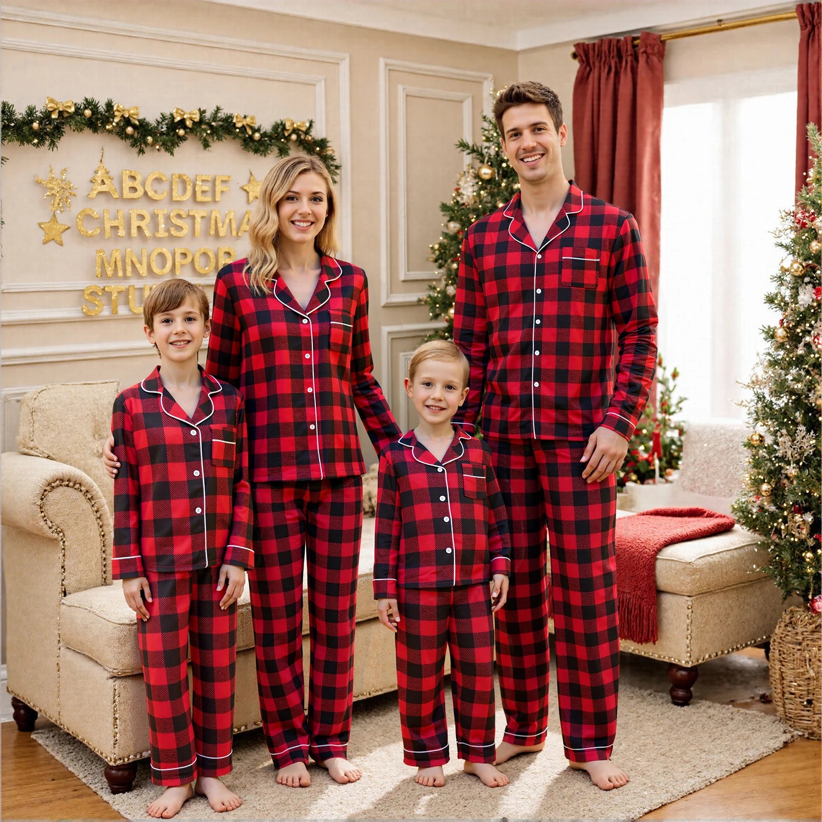 Christmas Family Pajamas Matching Set Long Sleeve Shirt with Pants Plaid Sleepwear Loungewear
