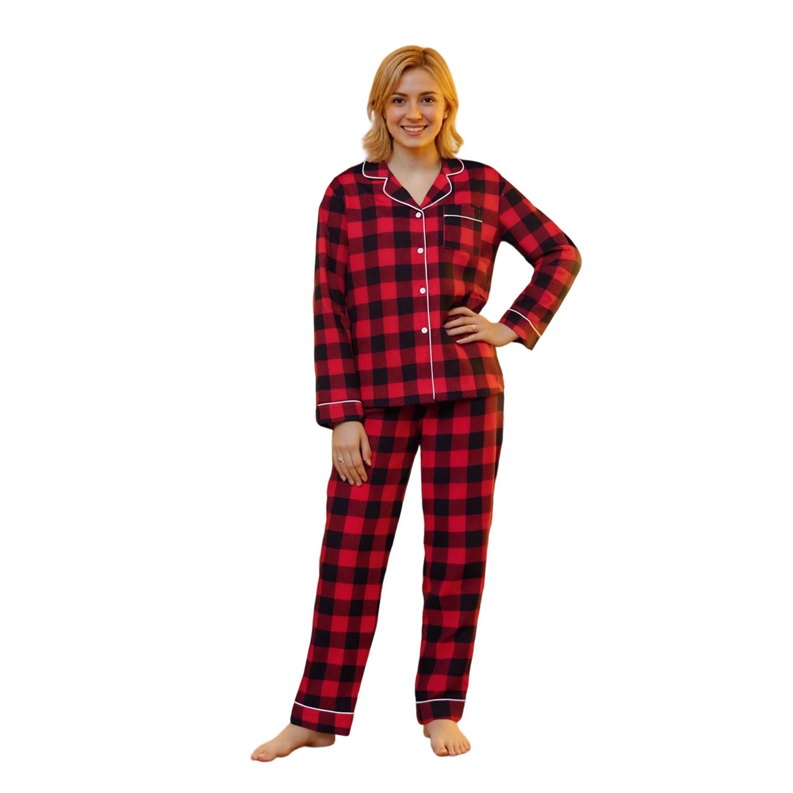 Christmas Family Pajamas Matching Set Long Sleeve Shirt with Pants Plaid Sleepwear Loungewear