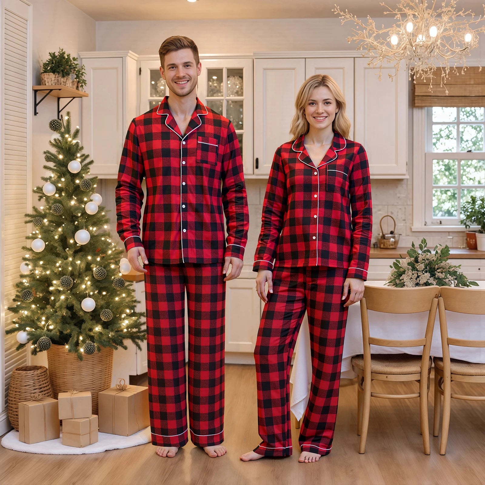 Christmas Family Pajamas Matching Set Long Sleeve Shirt with Pants Plaid Sleepwear Loungewear