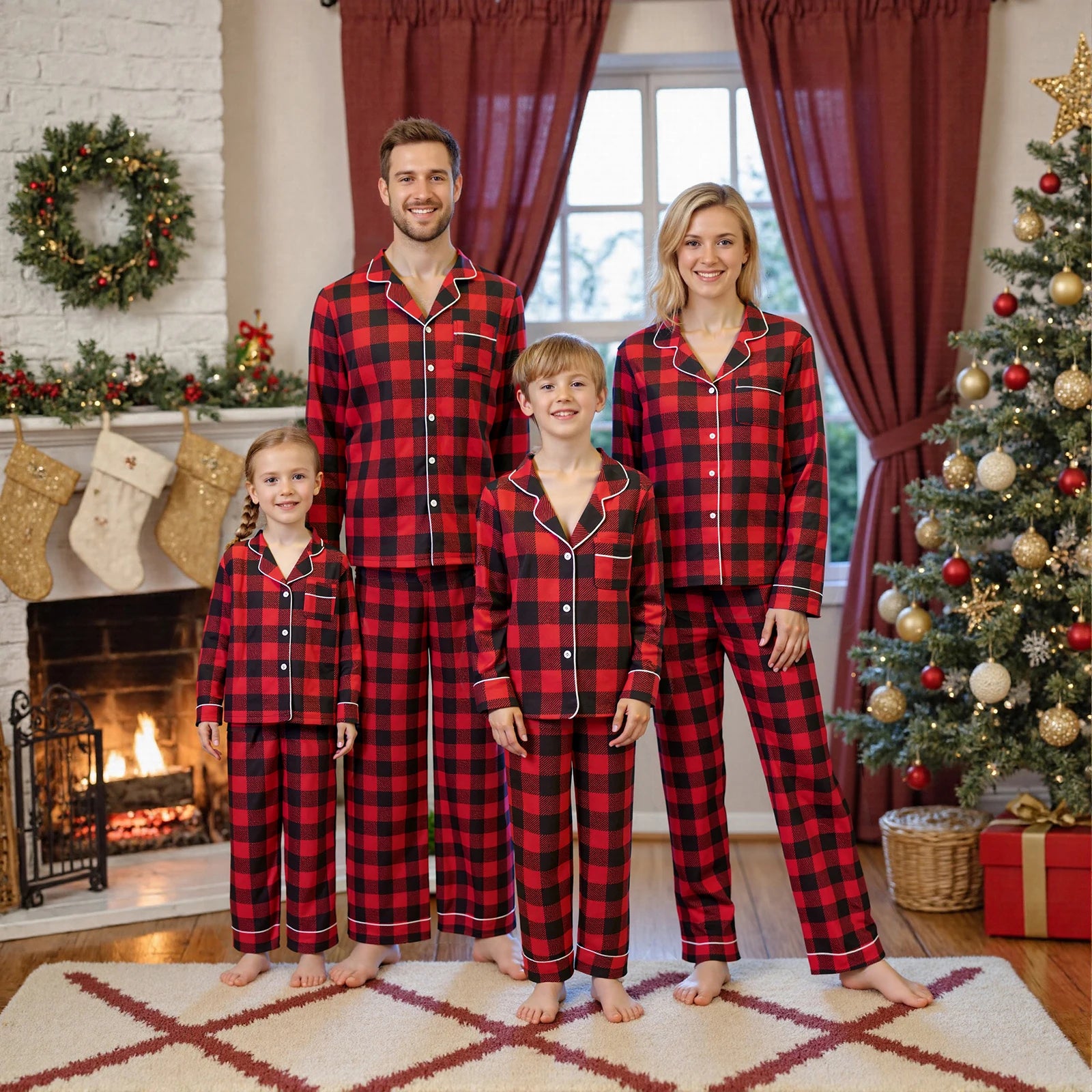 Christmas Family Pajamas Matching Set Long Sleeve Shirt with Pants Plaid Sleepwear Loungewear